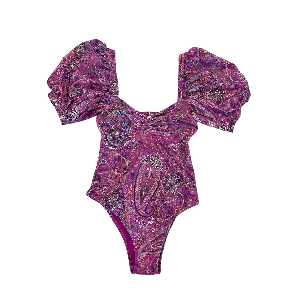 Cleobella Devi One Piece Swimsuit Purple Paisley Puff Sleeve Size XS NWOT